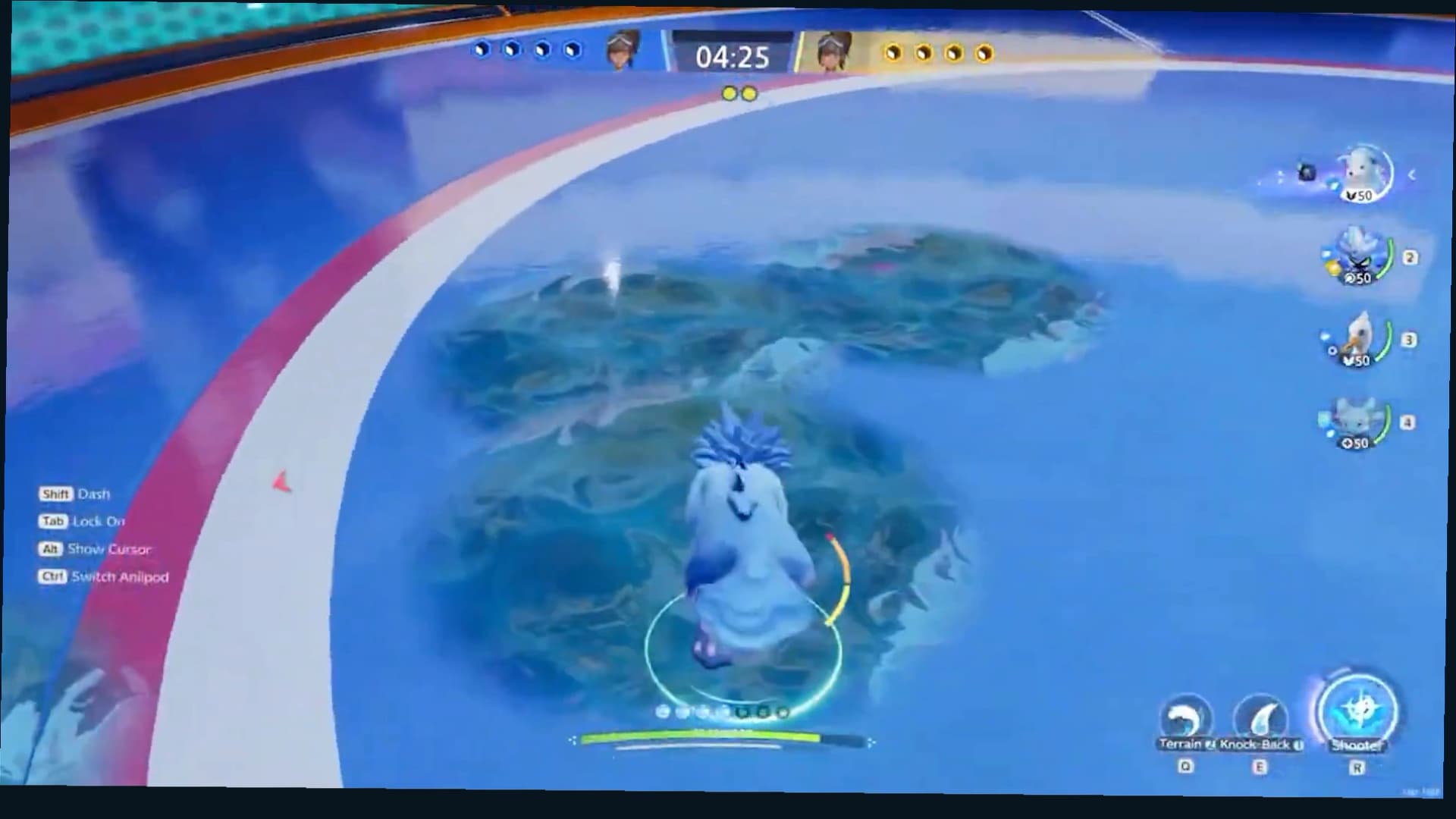 A blue-furred Aniimo stands inside a glowing circular arena beneath cool blue lights
