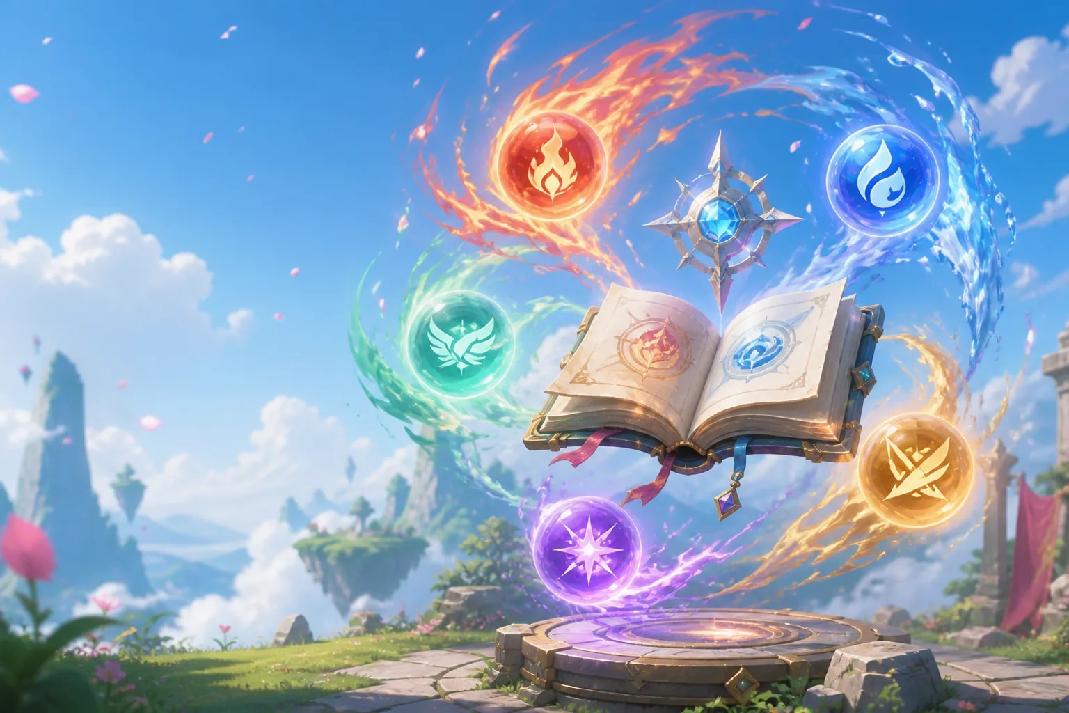 An open training codex encircled by glowing elemental skill orbs