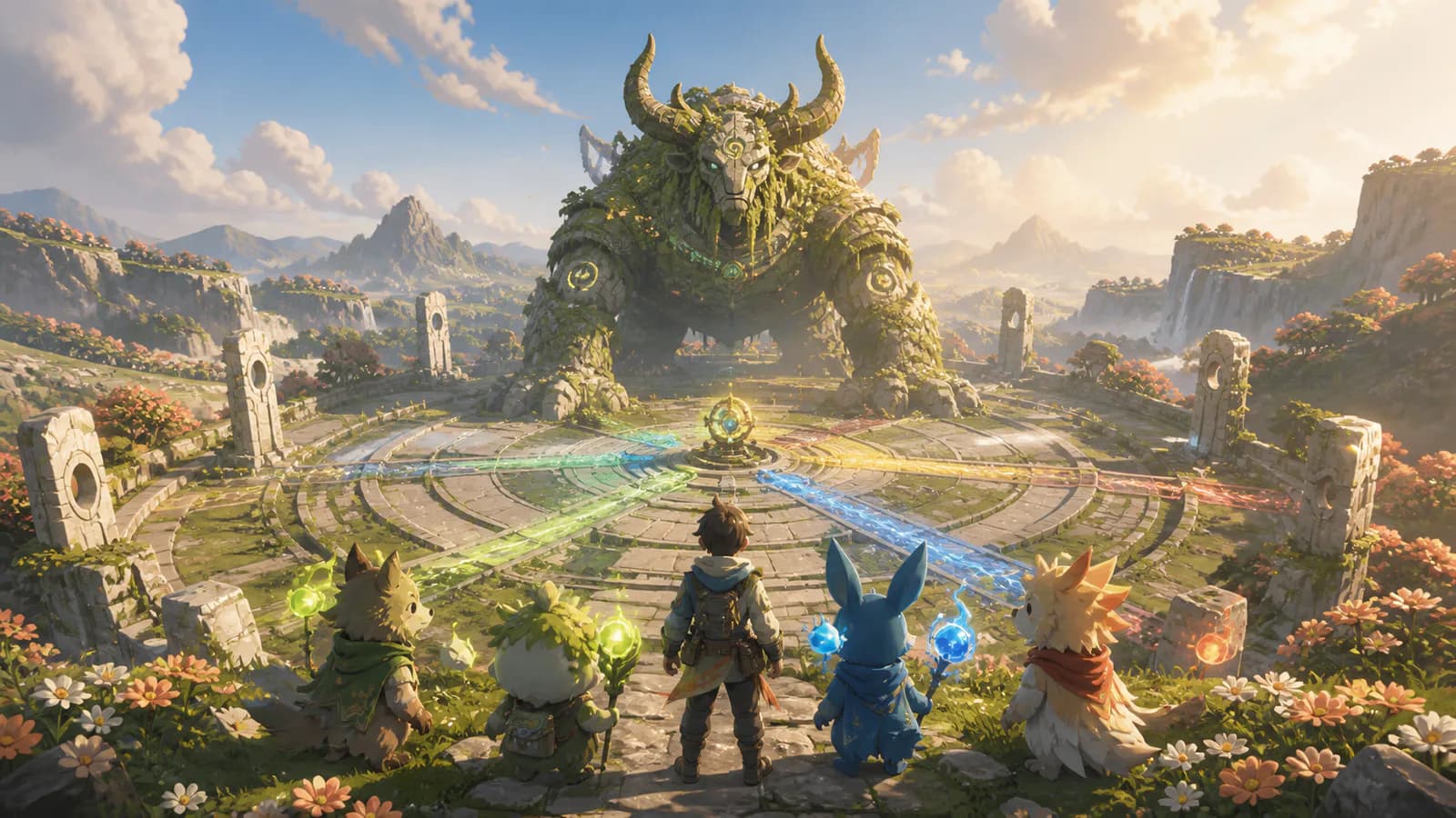 An explorer and four companions prepare at the edge of a circular ruin while a moss-covered guardian awakens beyond it
