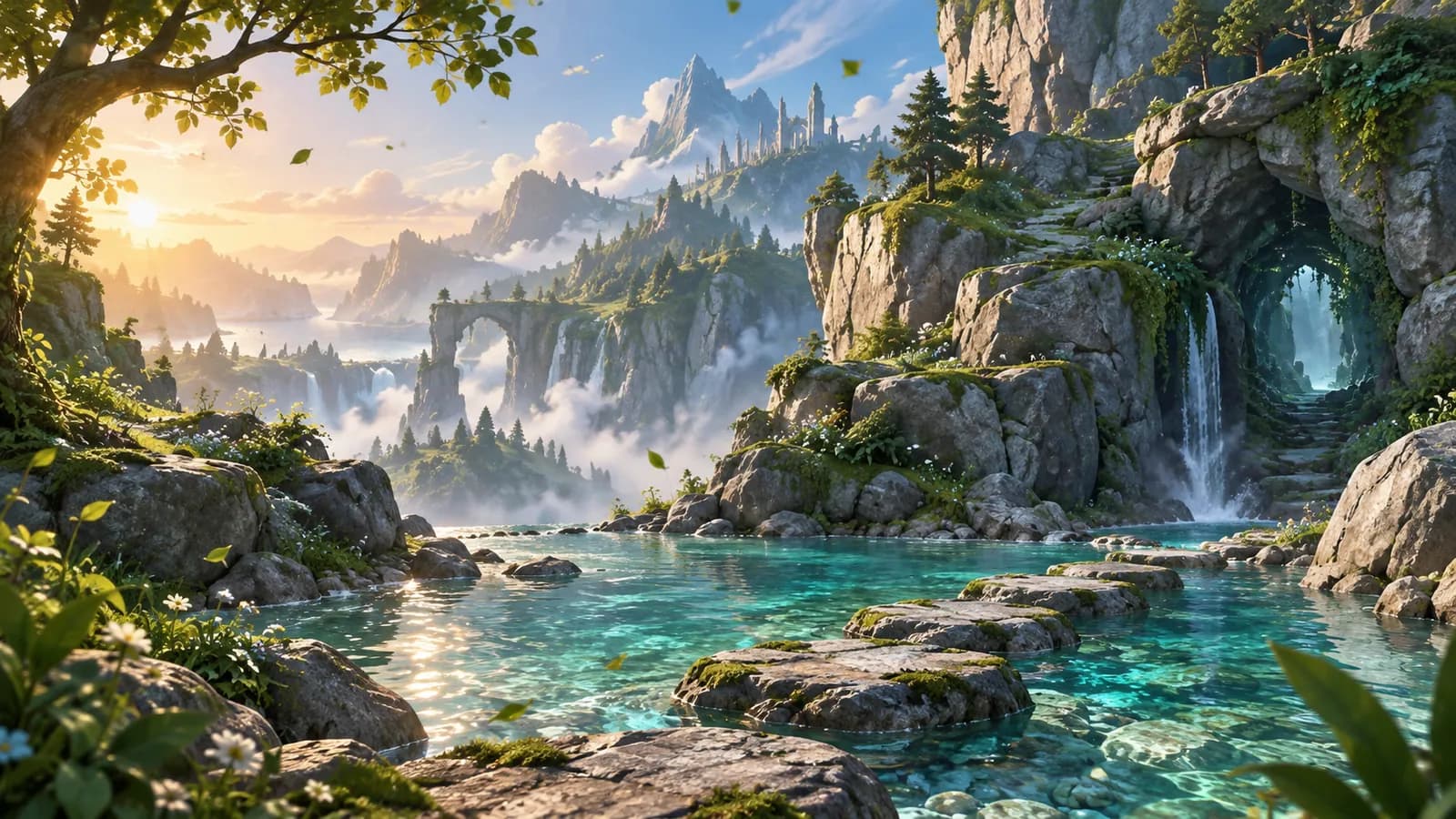 An illustrated river, rocky ledges and open sky representing different traversal needs