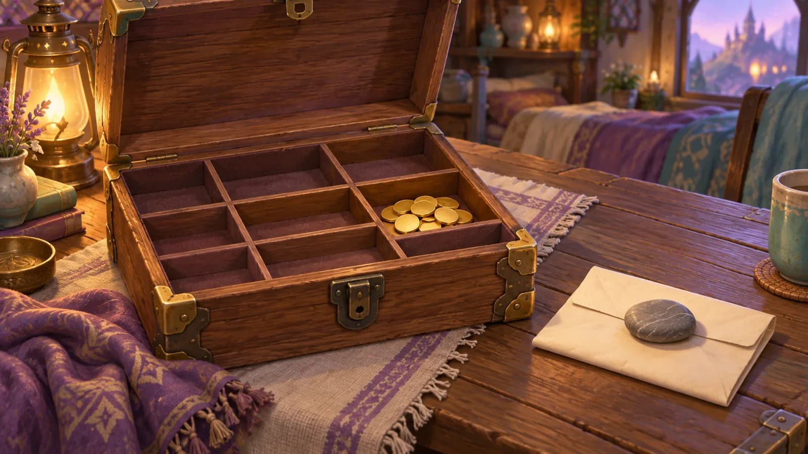 An open strongbox with swept-empty compartments, one compartment still holding coins, and an unopened notice weighted under a stone