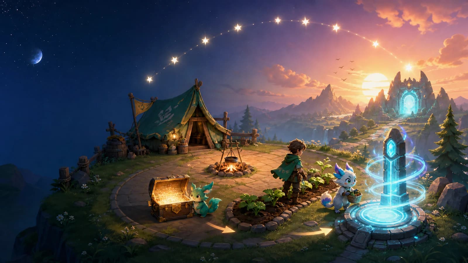 A Pathfinder clears camp rewards, tends crops and activates a travel beacon beneath a seven-star weekly arc at sunrise