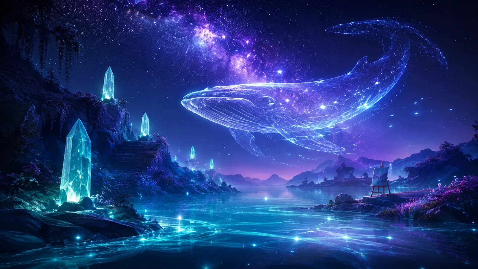 Original guide illustration of a luminous whale spirit above a crystal-lined moonlit bay