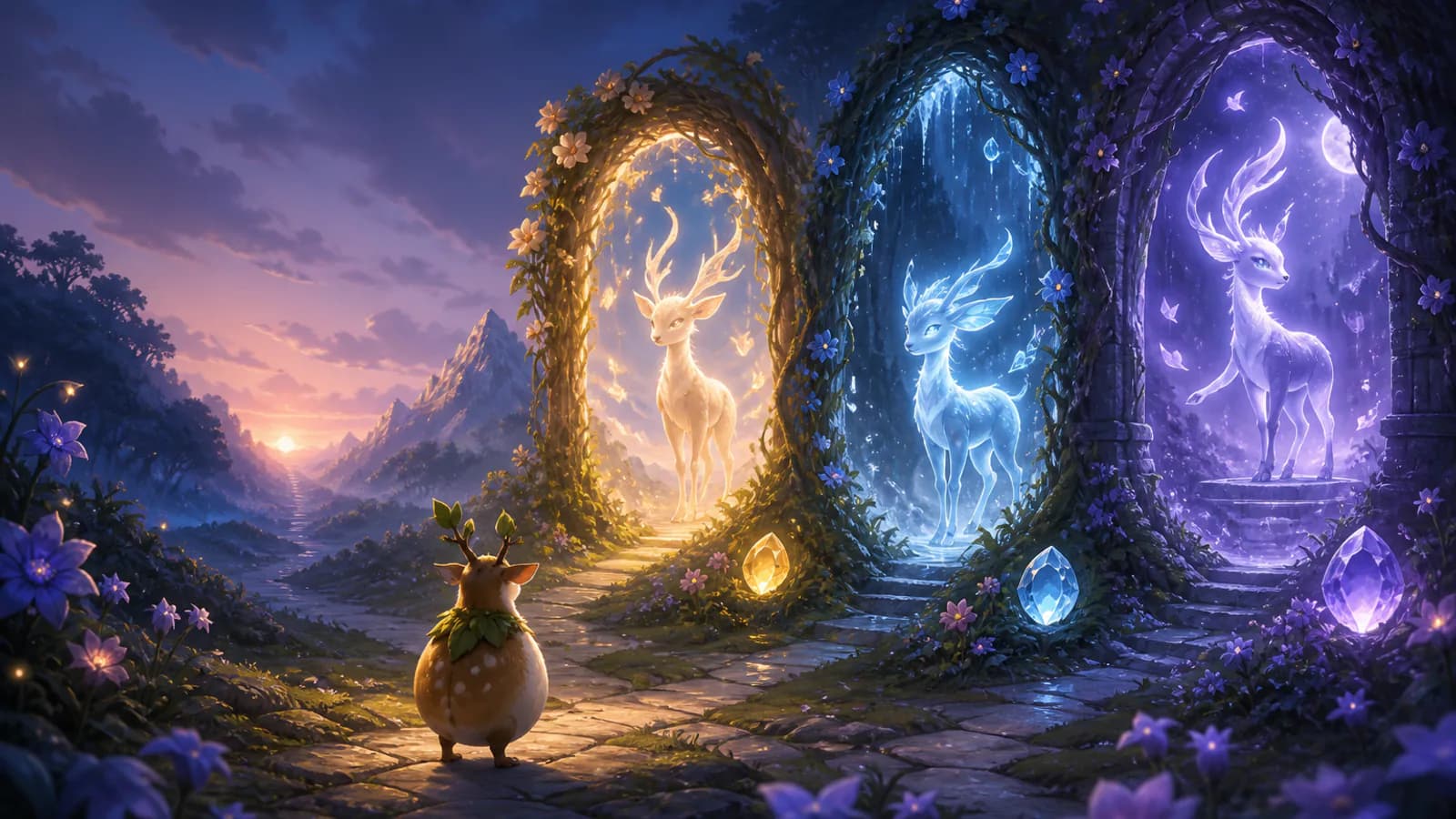A young creature chooses among three material-marked gateways to distinct luminous evolution forms