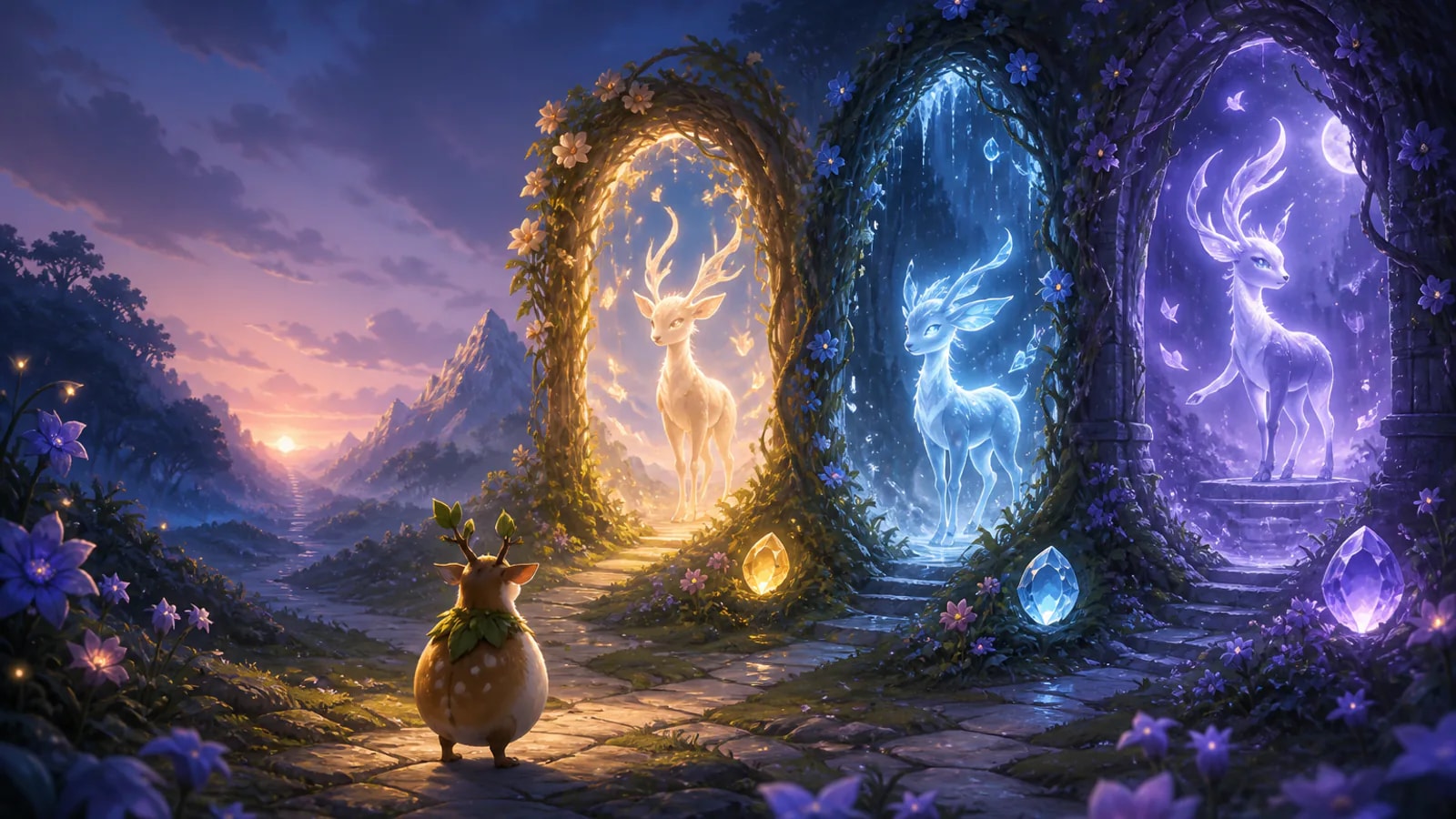 A young creature chooses among three material-marked gateways to distinct luminous evolution forms