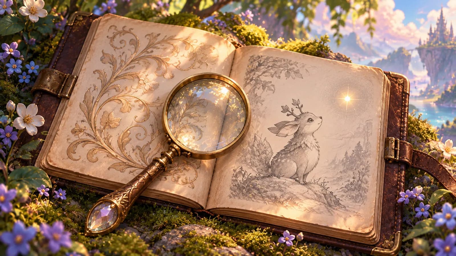 An open field journal pairs an engraved clue with a creature and a distant landmark