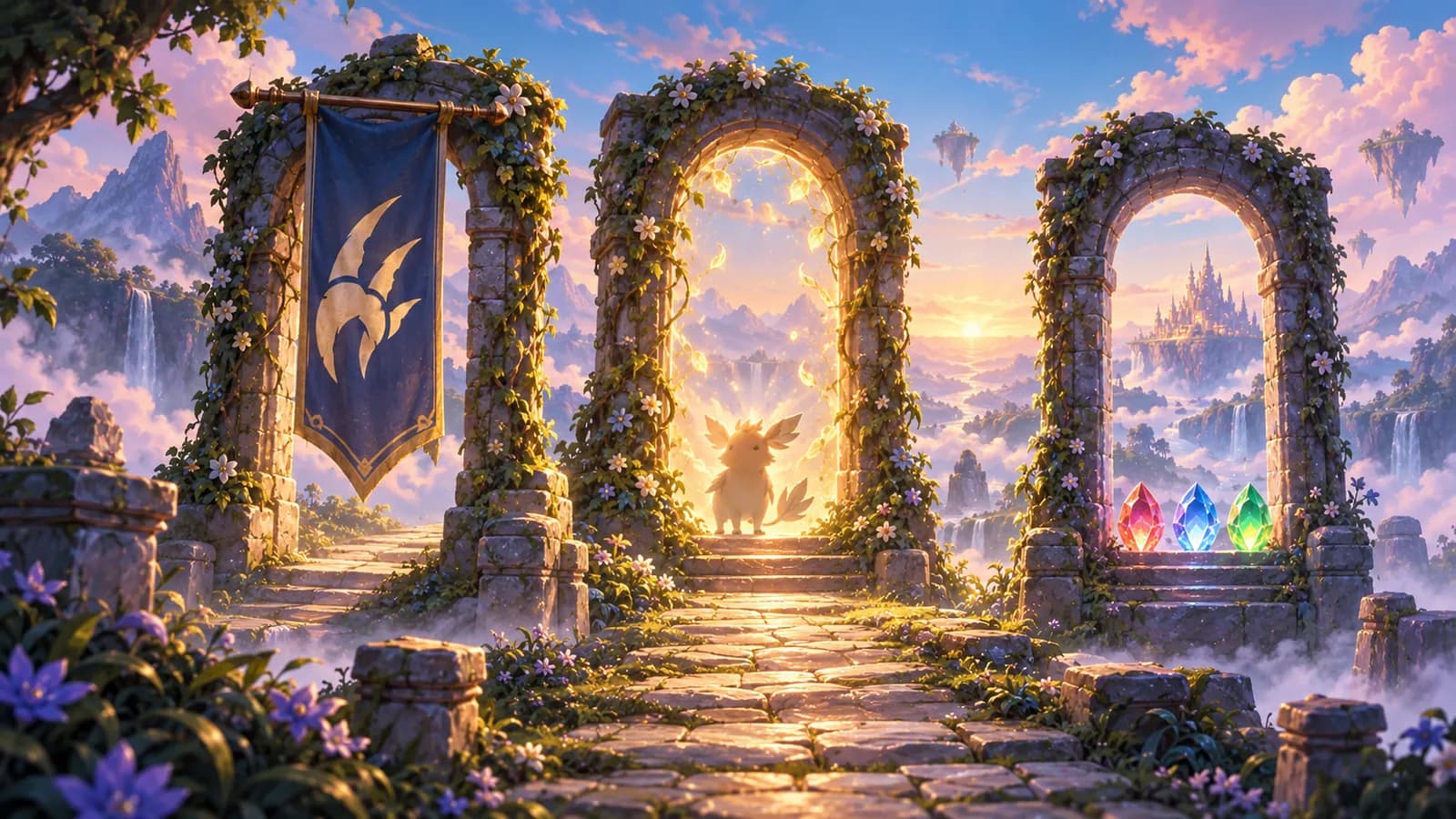 Three stone gateways marked by a boss sigil, a waiting creature and gemstones