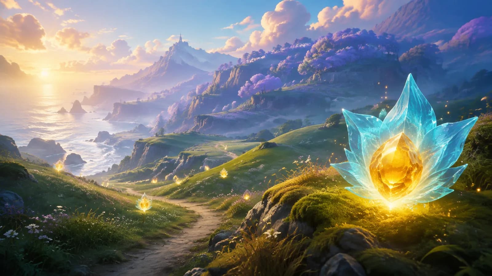 Original guide illustration of luminous amber crystals beside a path through coastal hills and a violet forest