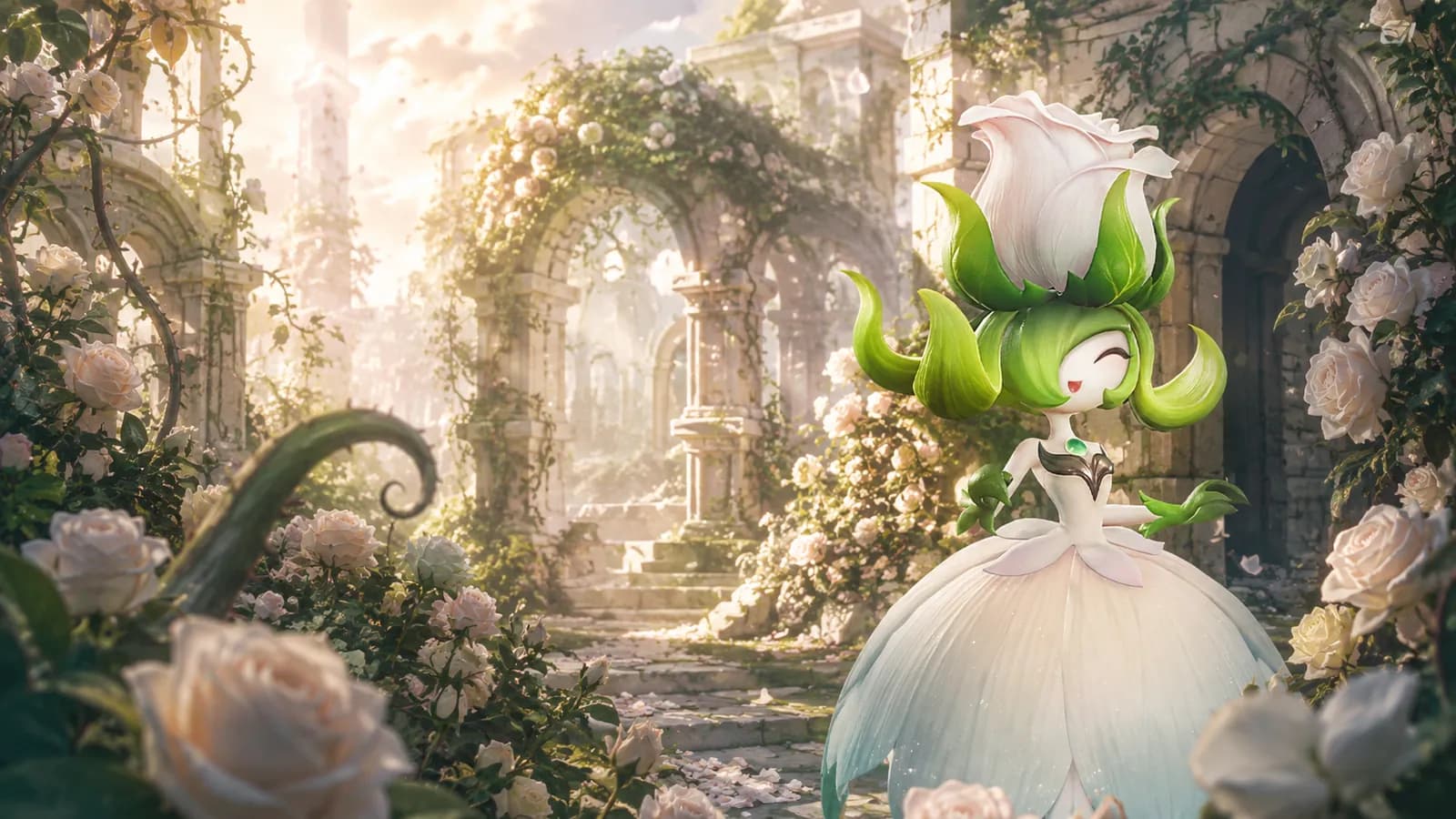 Original guide illustration of Melloblum dancing among white roses and ancient garden ruins