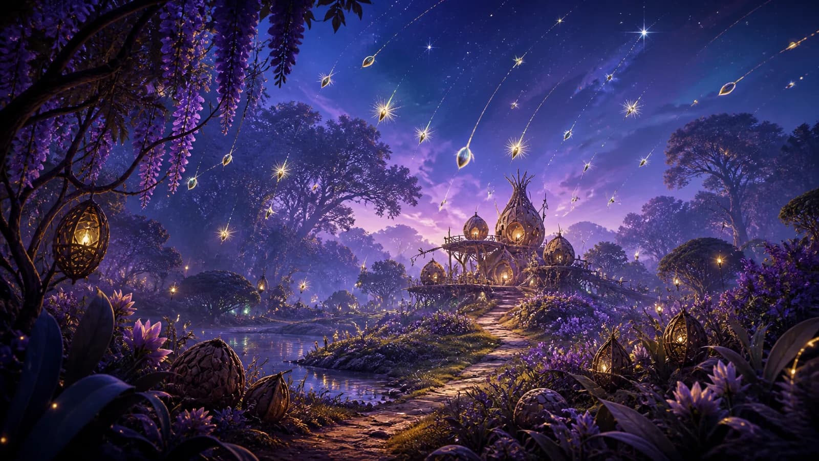 Original twilight forest illustration with a small woven seed-pod outpost and luminous seed-like stars showering across the sky