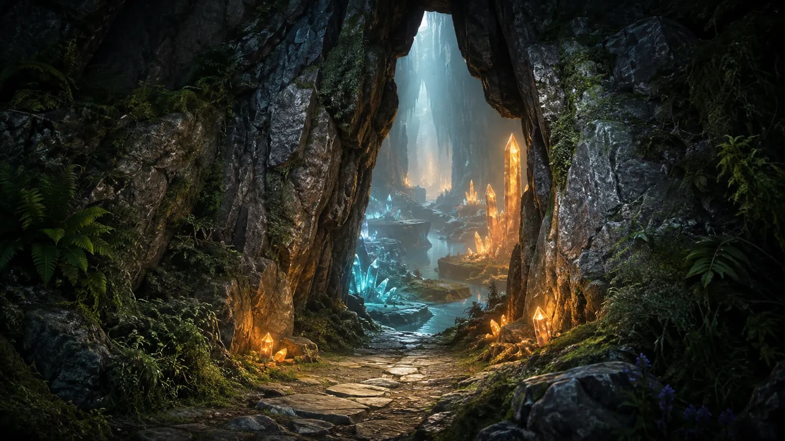 Original guide illustration of a narrow cliff entrance opening into a glowing crystal cavern