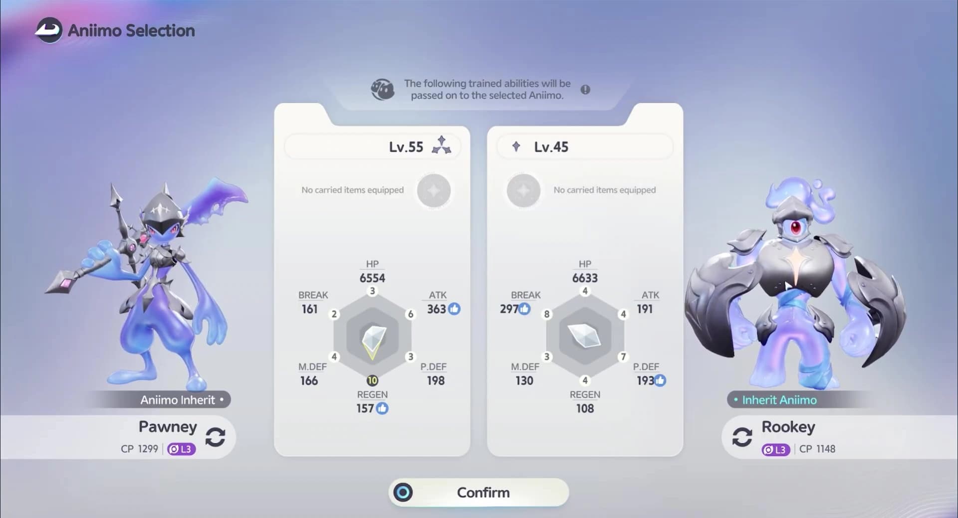 Inheritance selection with Pawney on the left at level 55 and Rookey on the right at level 45, showing the transfer direction