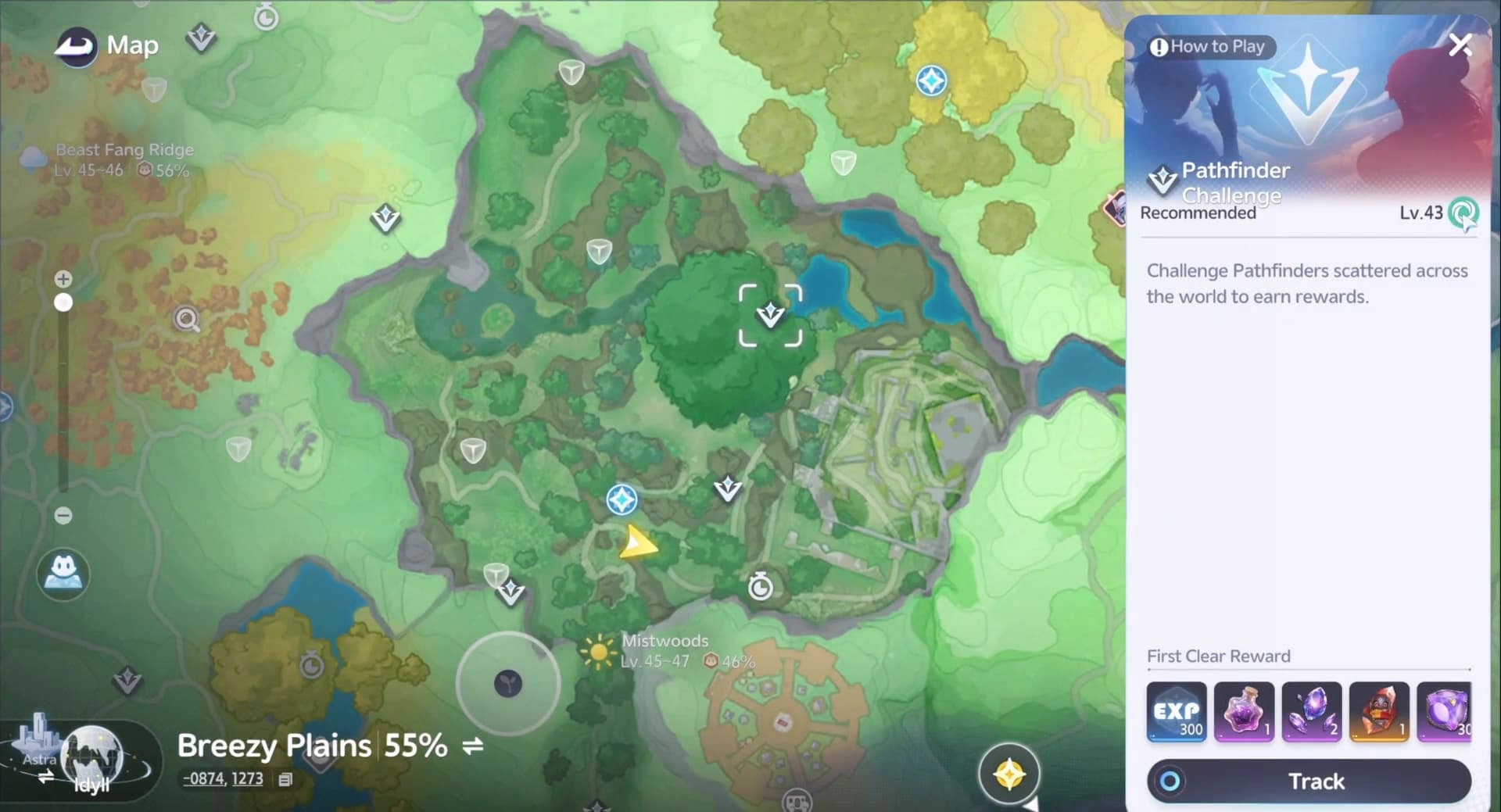 The Breezy Plains map highlights a Pathfinder Challenge, its first-clear rewards and several nearby map markers