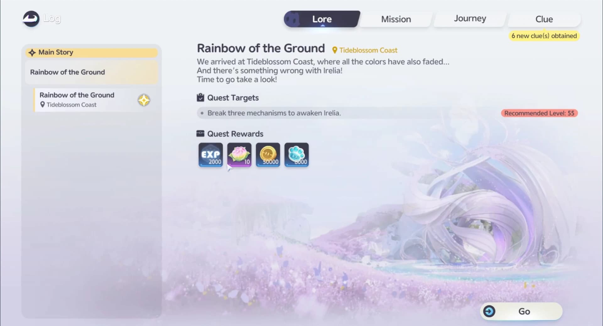 The Aniimo Log shows a main story quest with Safaris visible in its reward row and Journey and Clue tabs above