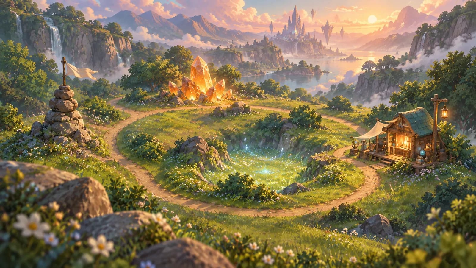 A valley at golden hour with one worn path looping past a cairn, a glowing amber outcrop, a hollow and a research post