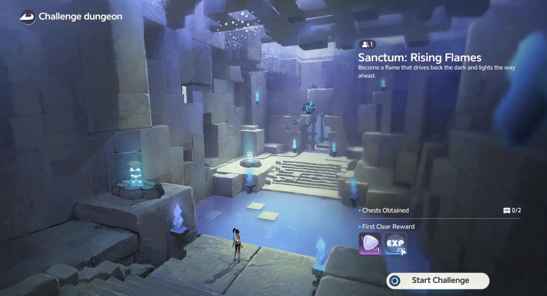 The Rising Flames entry screen showing its puzzle chamber, chest objective, unnamed item icon times one and EXP 200