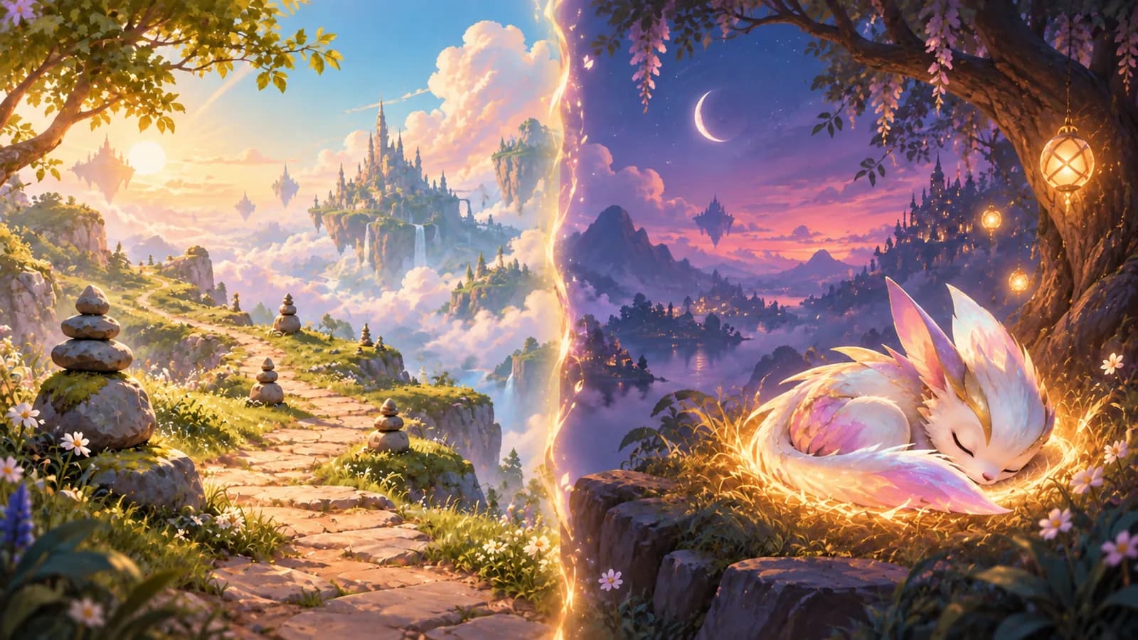 A split panel with a long waypointed trail on one side and a single sleeping creature in soft light on the other