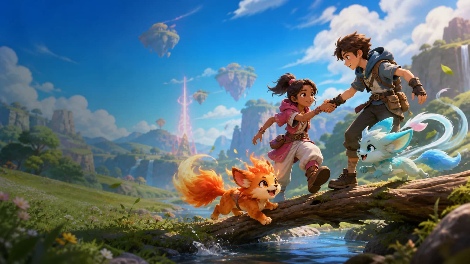 Two Pathfinders help each other across a stream with fire and wind companion creatures