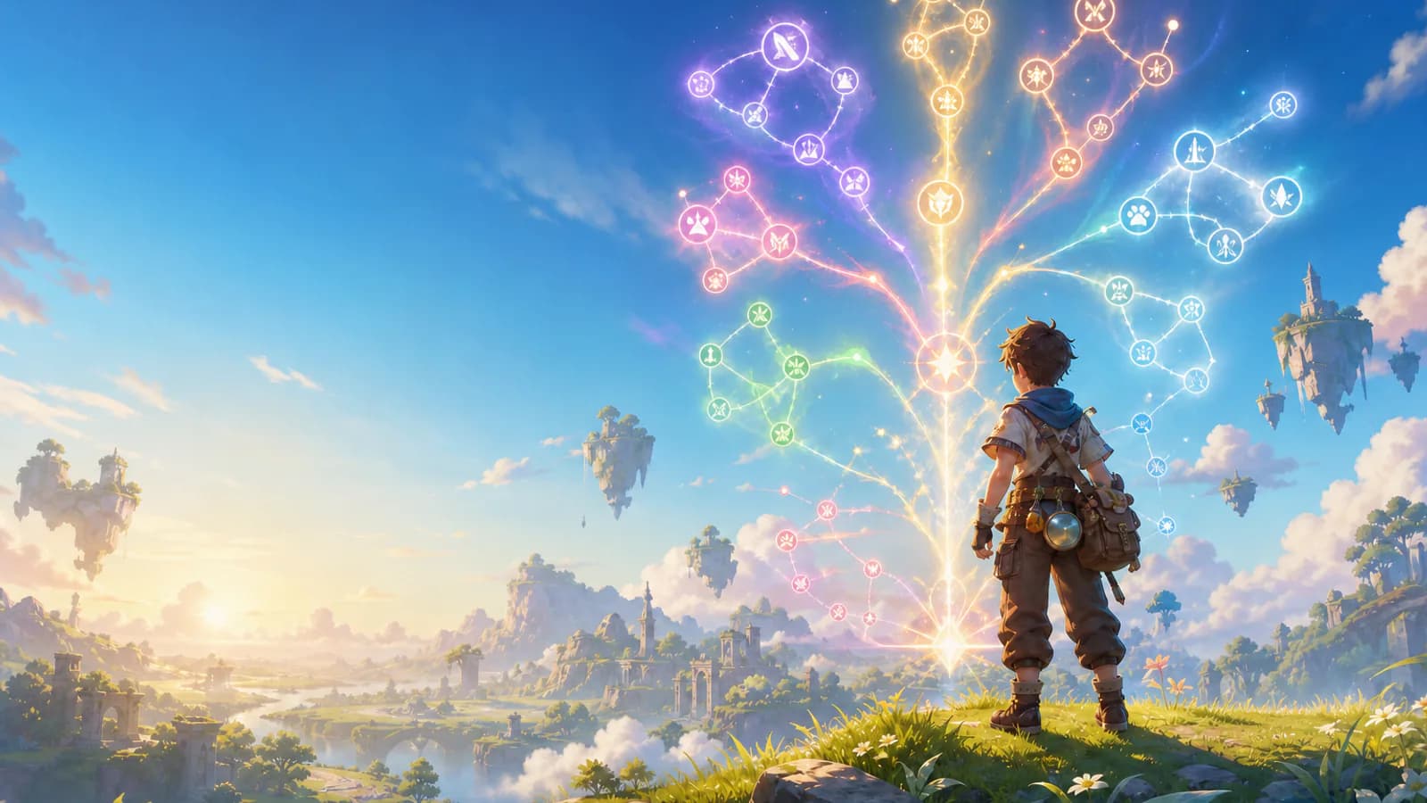 A Pathfinder faces seven luminous branches of skills above a floating-island valley
