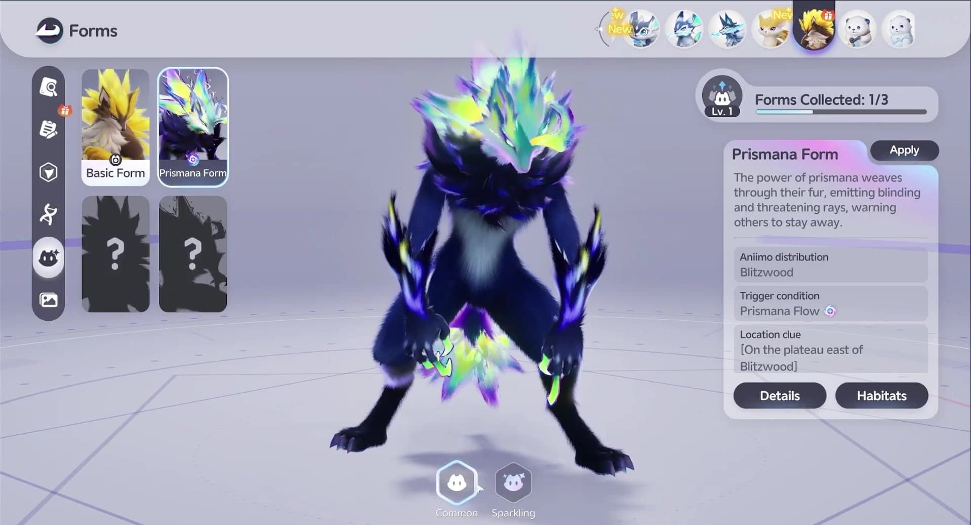 Blazen’s Forms screen showing the Prismana form with Blitzwood distribution, the Prismana Flow trigger condition and a location clue pointing east of Blitzwood