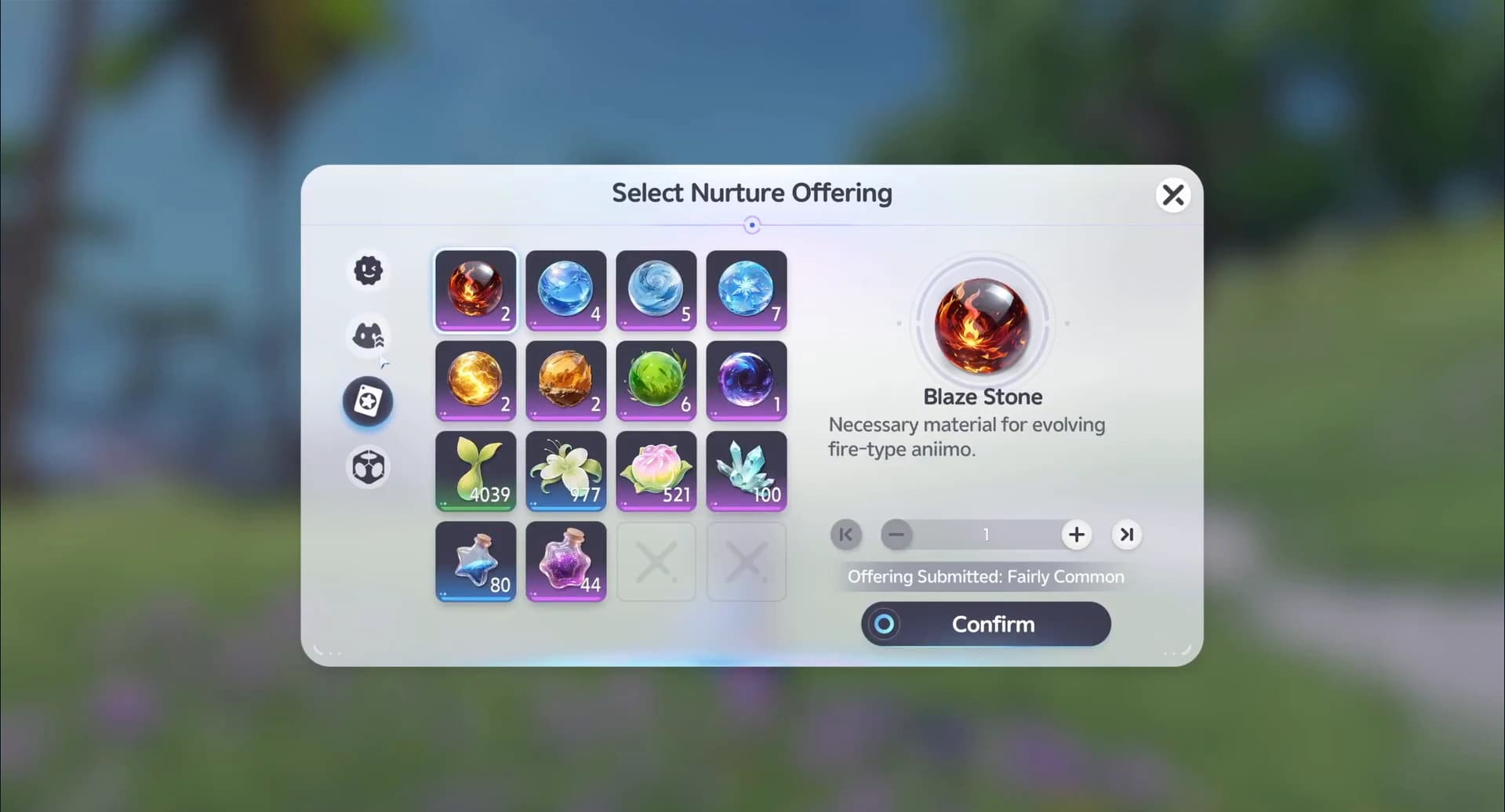 The Select Nurture Offering picker filled with evolution stones, Growth food and potions, the submitted offering graded Fairly Common