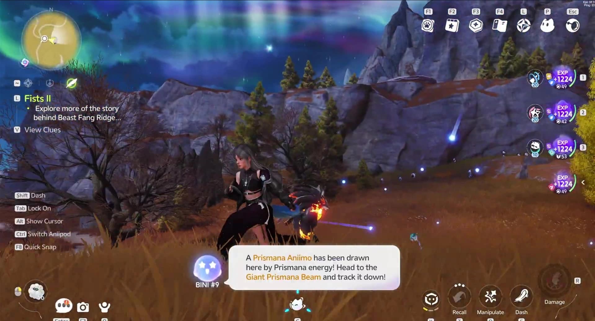 BINI’s on-screen message under an aurora sky telling the player a Prismana Aniimo has been drawn here and to head for the Giant Prismana Beam