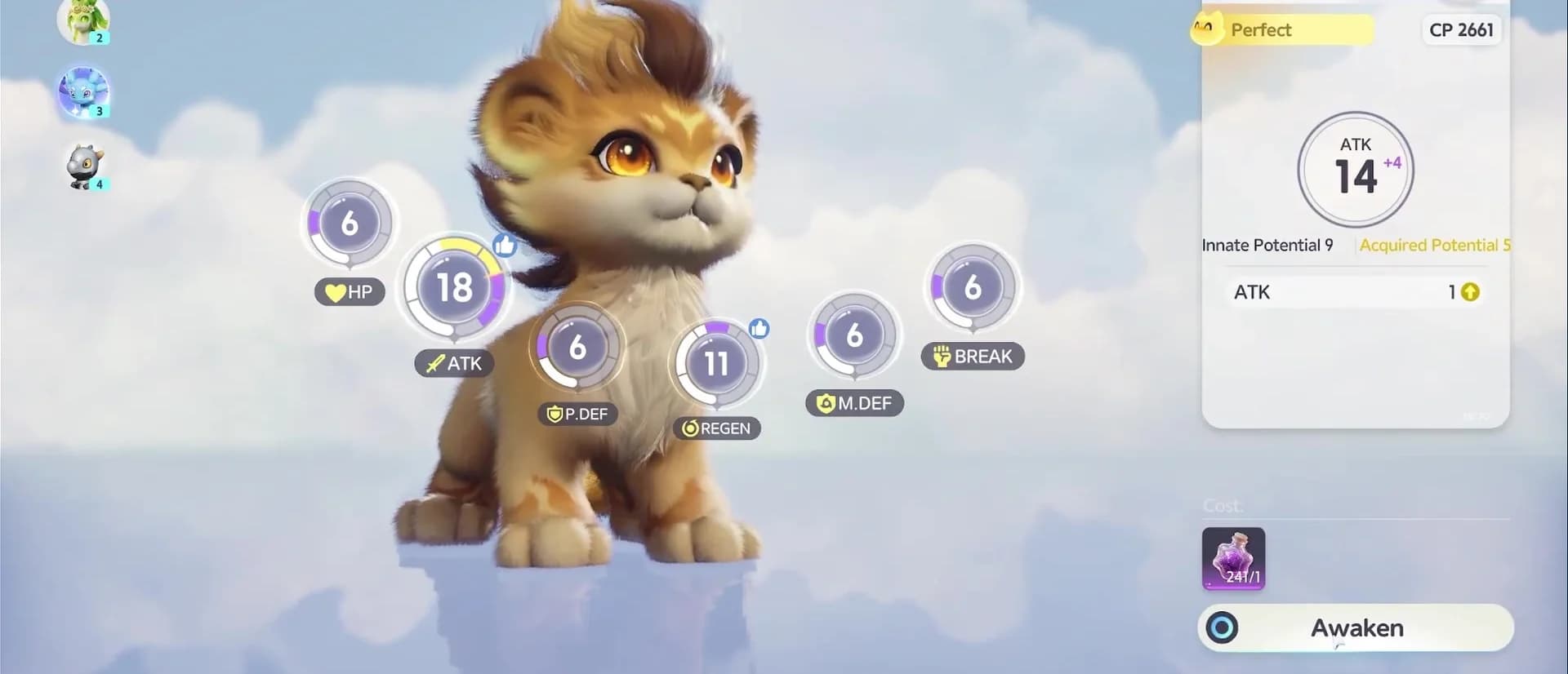 Capability Awakening screen with six attribute wheels and Attack split into innate and acquired values