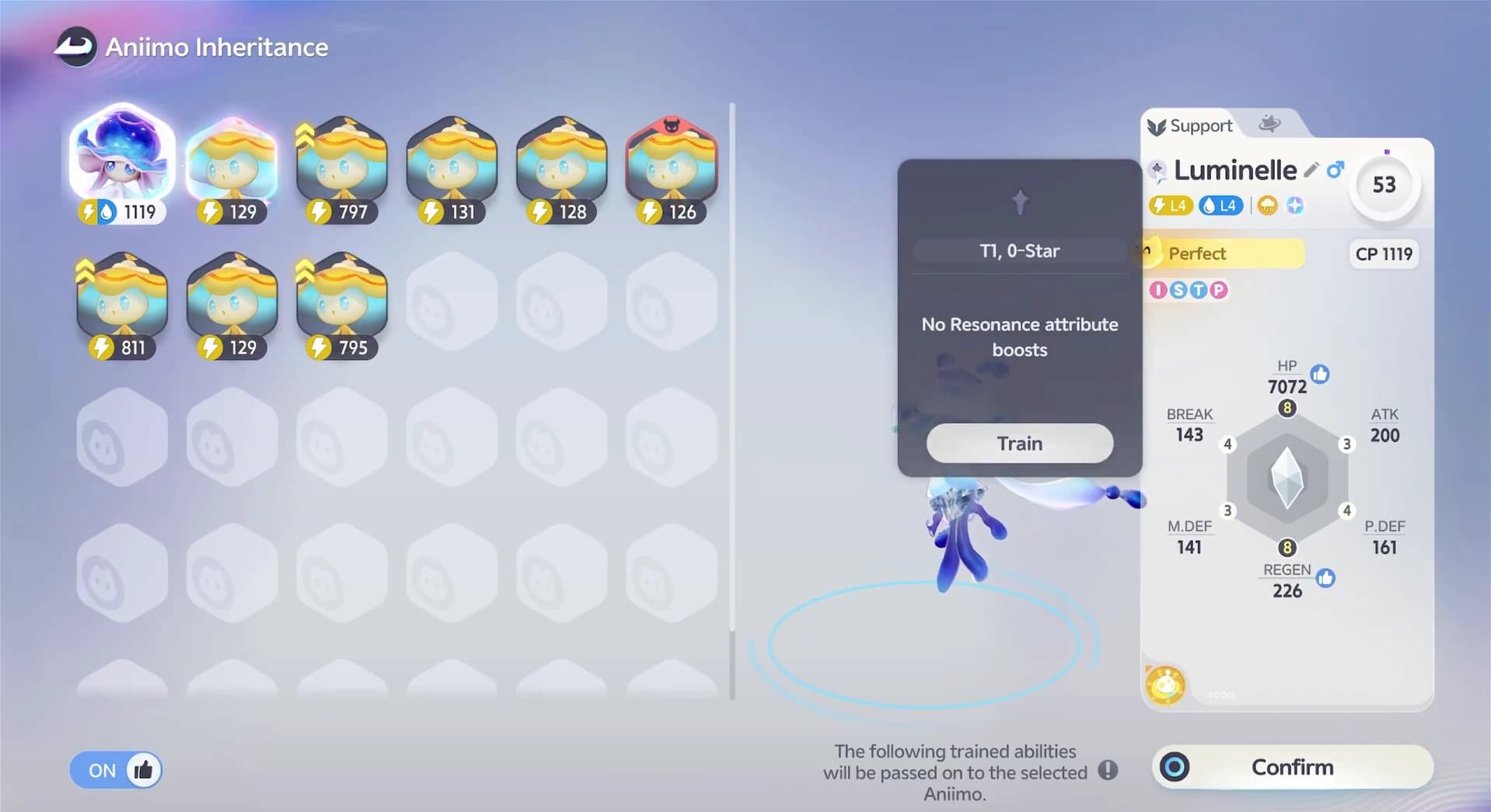 Aniimo Inheritance screen selecting a trained Luminelle and another member of its family for the transfer