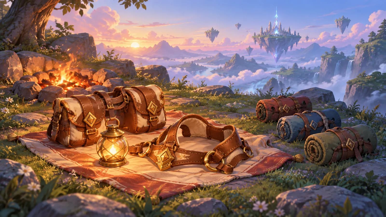 A dawn camp with one full set of gear laid out finished on a cloth and three other sets rolled and tied at the edge of the firelight
