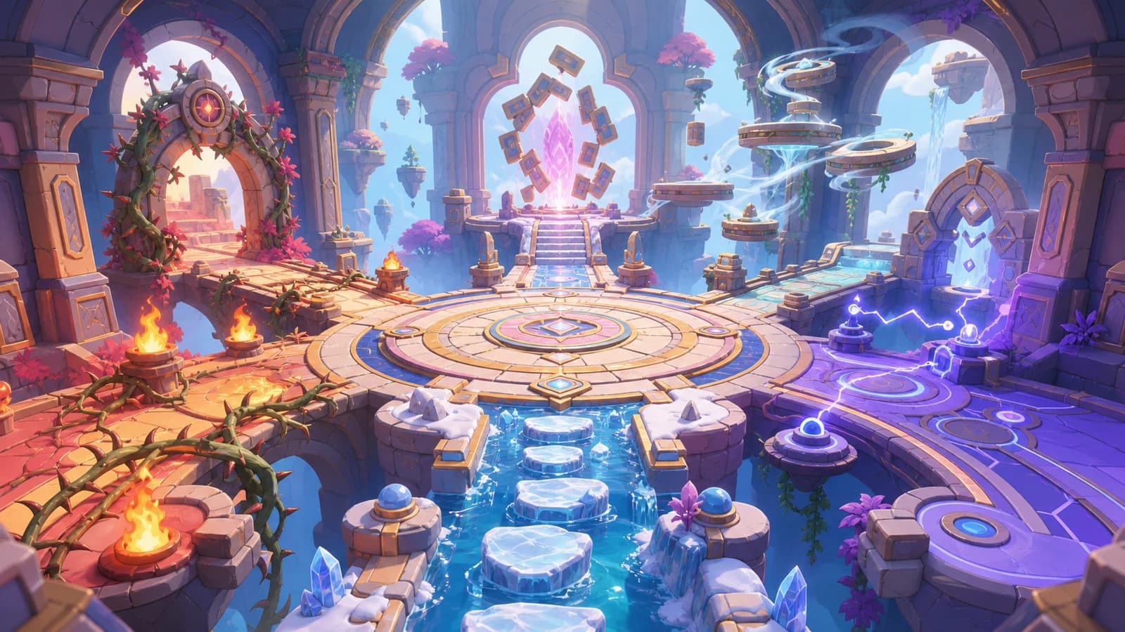A bright branching ancient hall divides into fire, ice, wind, lightning and perspective puzzle routes