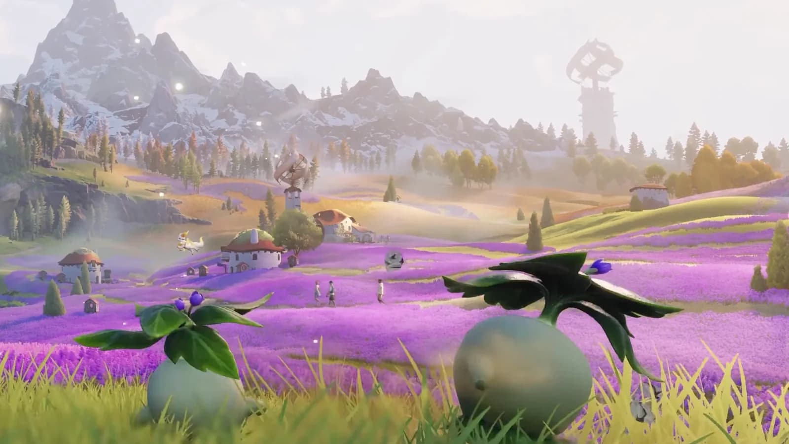 Lavender meadow below snowy peaks with a village of thatched houses and two leafy Aniimo in the foreground grass