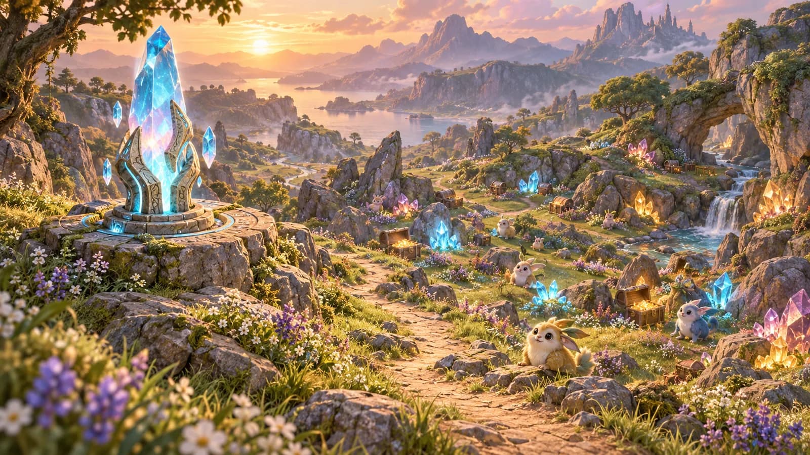 A lit travel anchor on a rise with a worn route running down into a pocket of low ground scattered with chests, nodes and small creatures