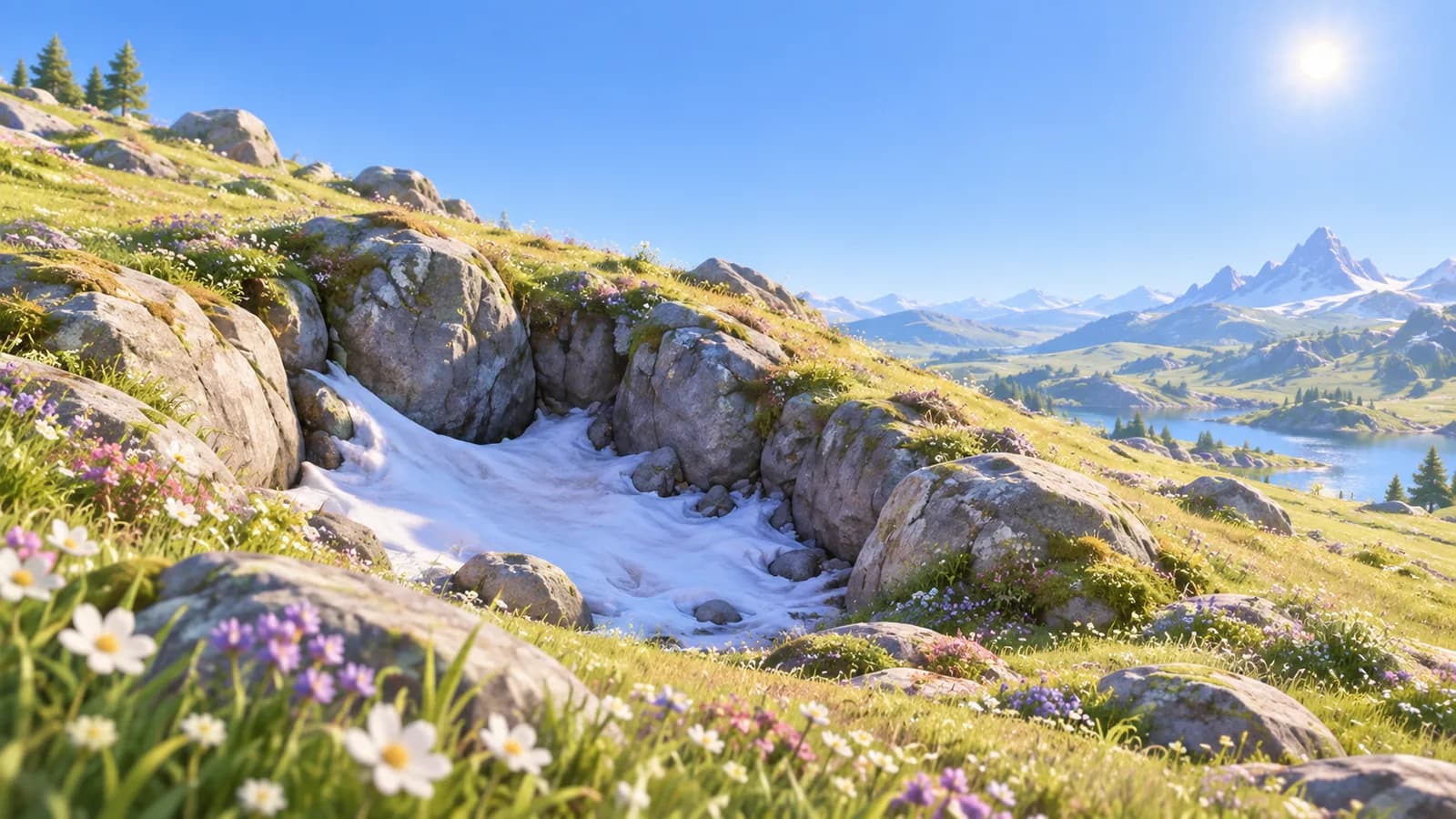 A hillside at midday with an old drift of snow lying in a shaded hollow under a completely clear sky, the surrounding grass dry and green