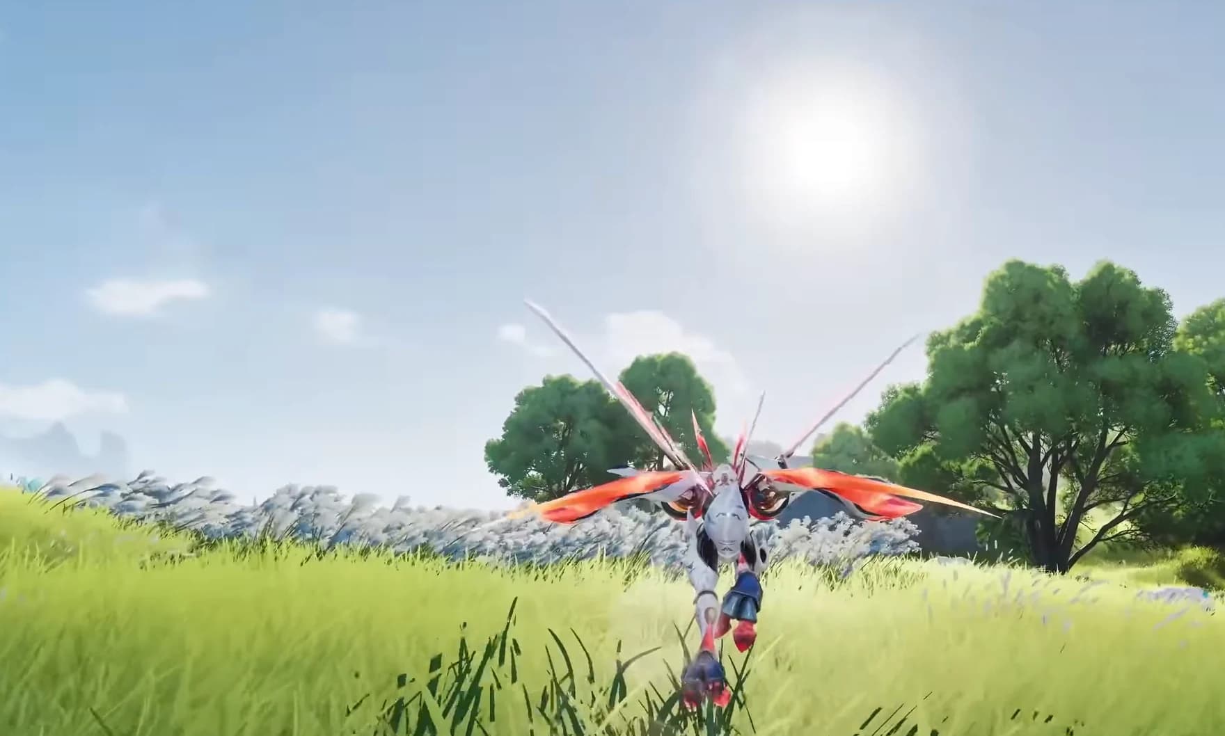 A winged Aniimo drifts low over sunlit Idyll grassland, the kind of wild subject the event camera has to frame